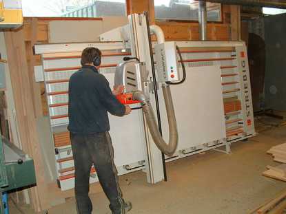 The Striebig Compact vertical panel saw in use at Churchill Brothers.
