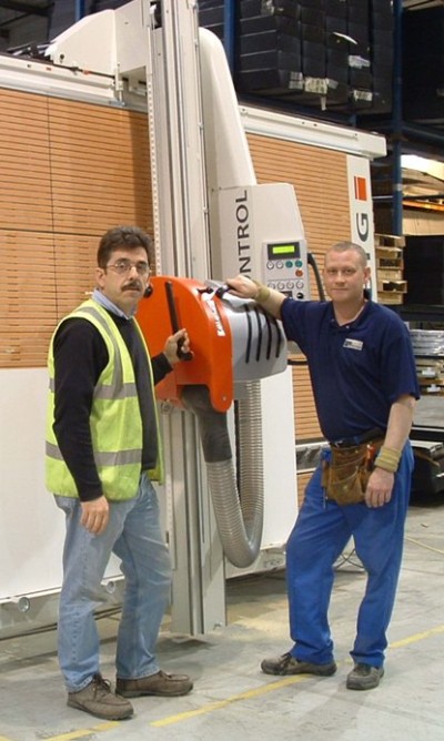 Home Decor's Manufacturing engineer Stuart Limb (left) with the saw's operator Jim Hague.